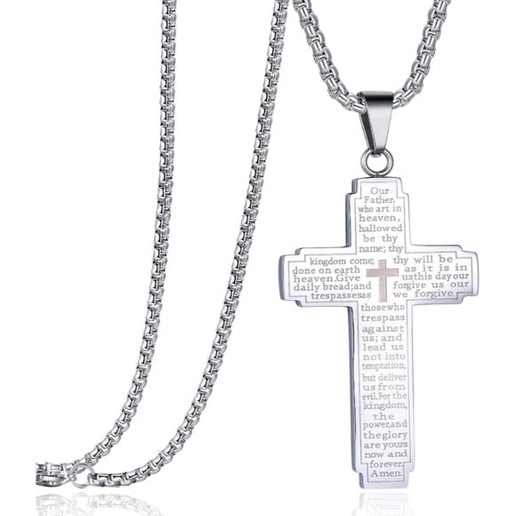 Stainless Steel Our Father Lord's Prayer Cross Pendant Necklace for Women Men Ch - Picture 1 of 6